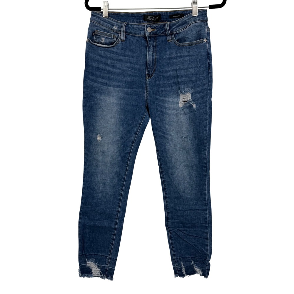Judy Blue Skinny Fit Distressed Jeans Medium Wash Raw Hem JB8847 Womens‎ 13/31